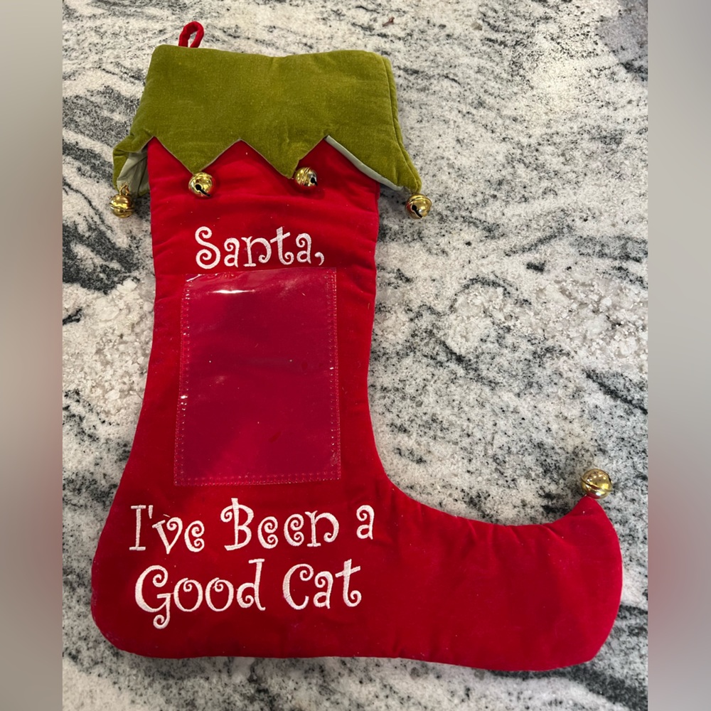 Red Velvet 🐱CAT Christmas Stocking w Jingle Bells , Embroidery & Picture Pocket